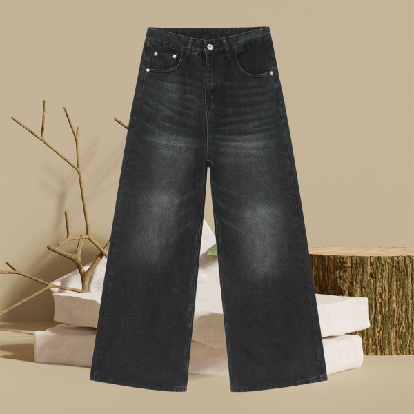 Retro grey loose straight leg denim pants