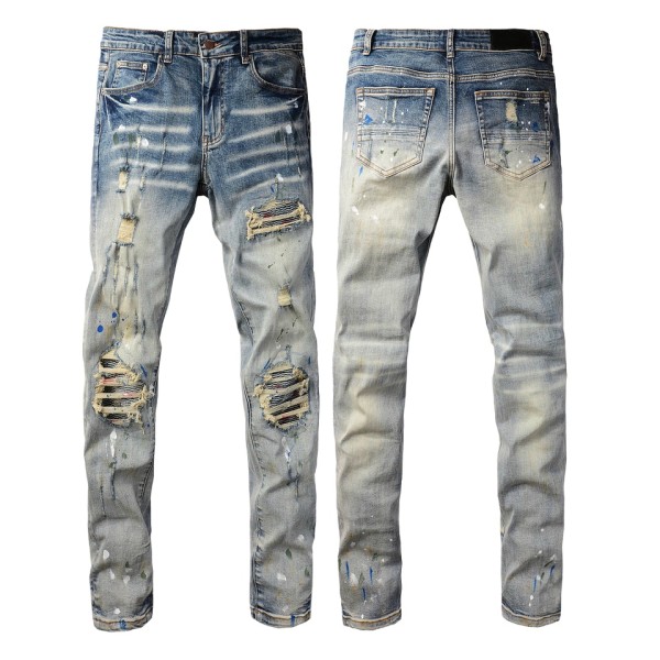 High street patch straight leg denim men's pants