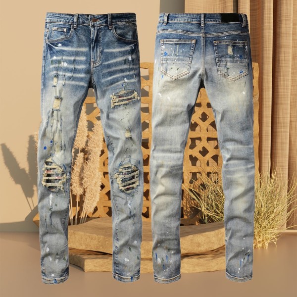 High street patch straight leg denim men's pants