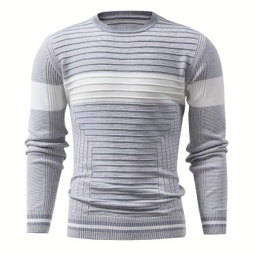 Wrinkle resistant breathable striped men's autumn and winter knitted round neck sweater