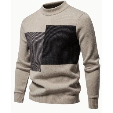 Skin friendly, warm and slim fit men's round neck spliced knitted pullover sweater