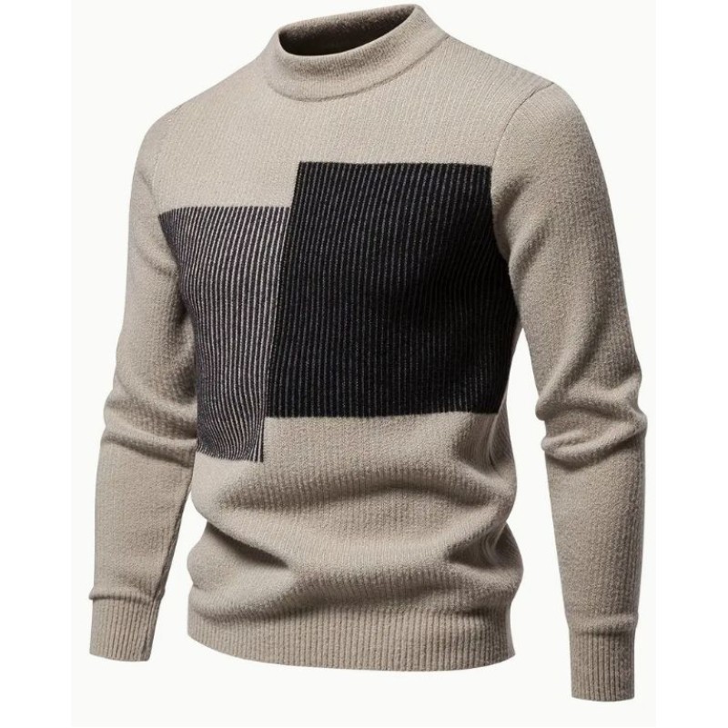 Skin friendly, warm and slim fit men's round neck spliced knitted pullover sweater