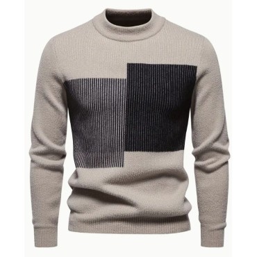 Skin friendly, warm and slim fit men's round neck spliced knitted pullover sweater