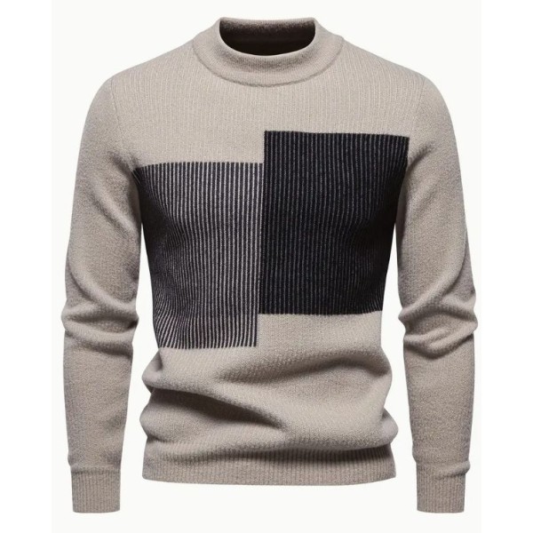 Skin friendly, warm and slim fit men's round neck spliced knitted pullover sweater