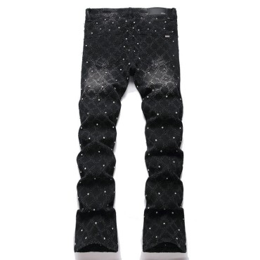Elastic slim fit retro embroidered men's jeans