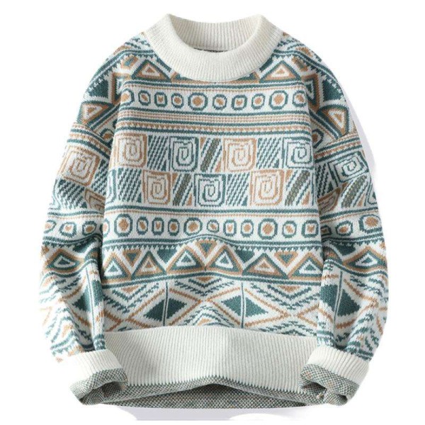 Warm velvet retro printed men's knitted pullover
