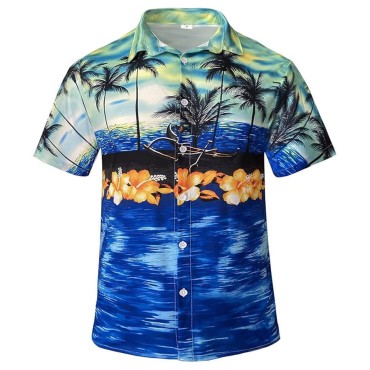 Breathable printed knitted men's short sleeved formal beach shirt