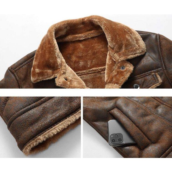 Thick velvet warm vintage men's leather jacket