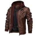 Leather hooded warm men's jacket
