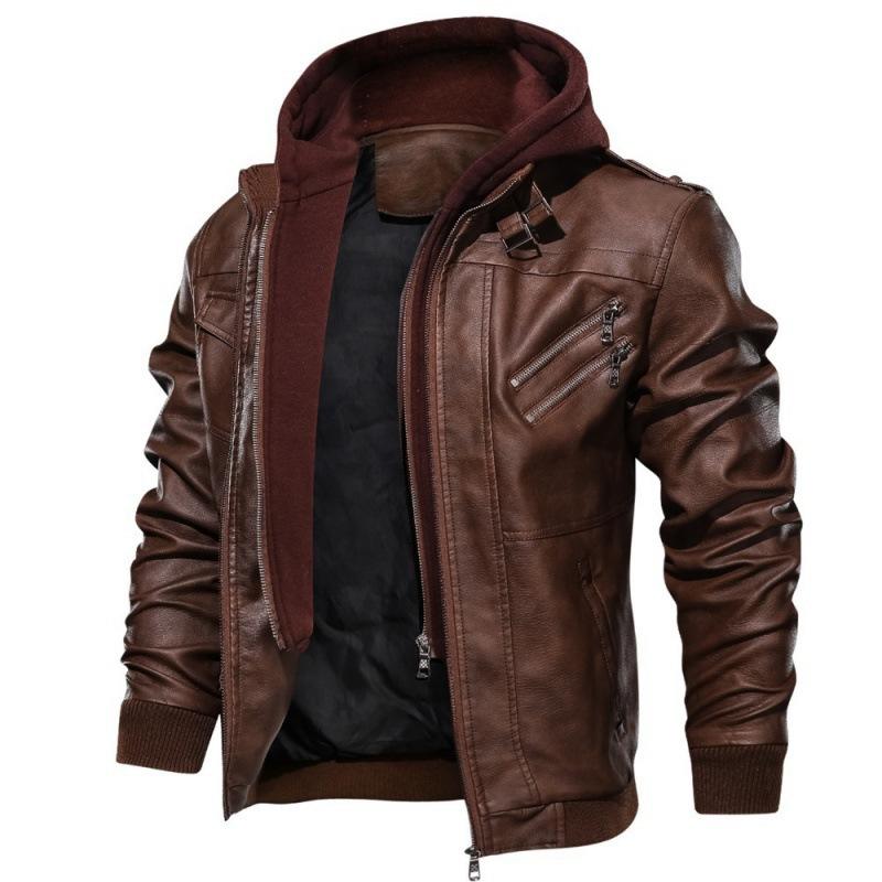Leather hooded warm men's jacket